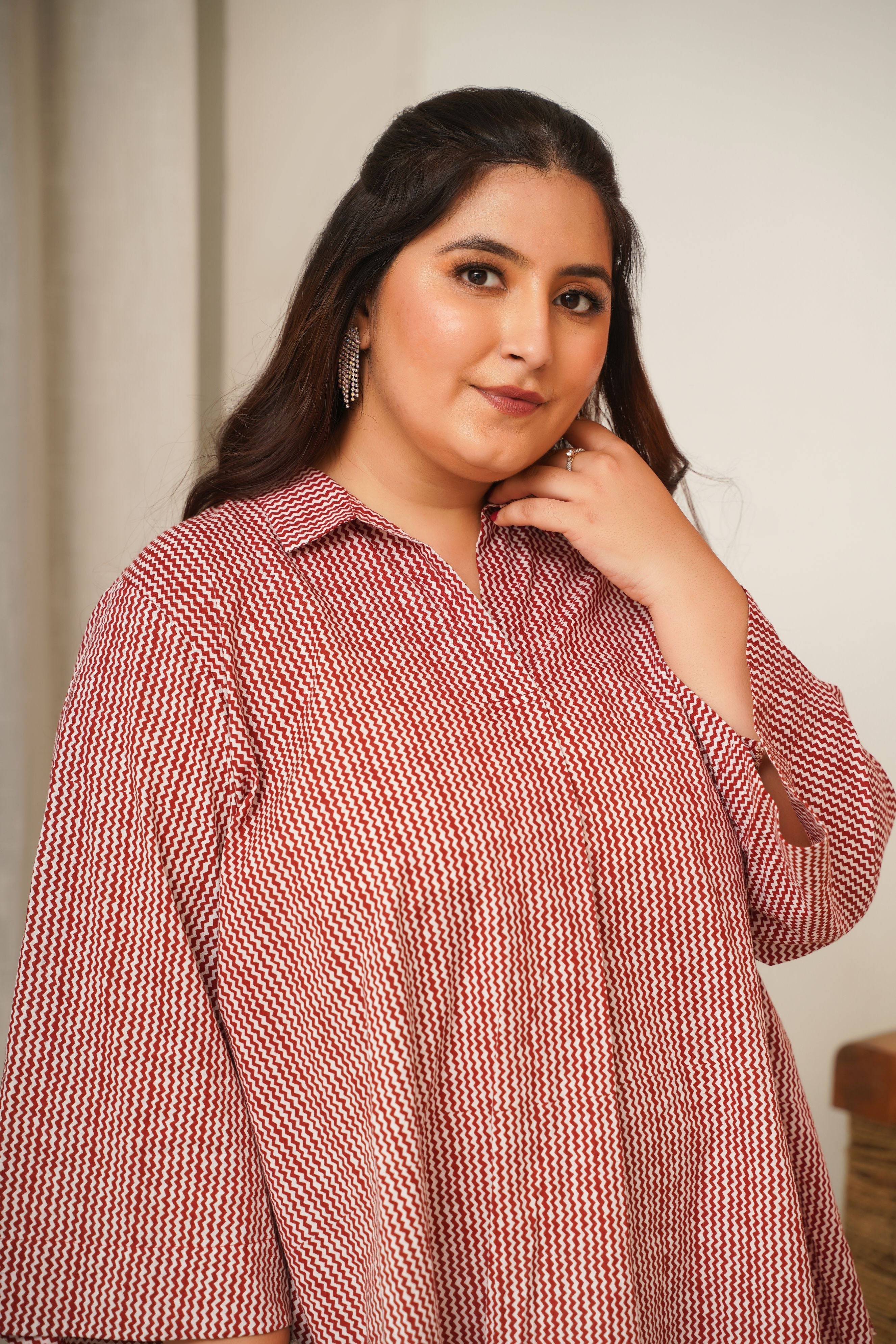 Women's Red Chevron Anti-Fit Top (Only  Top) - Nangalia Ruchira