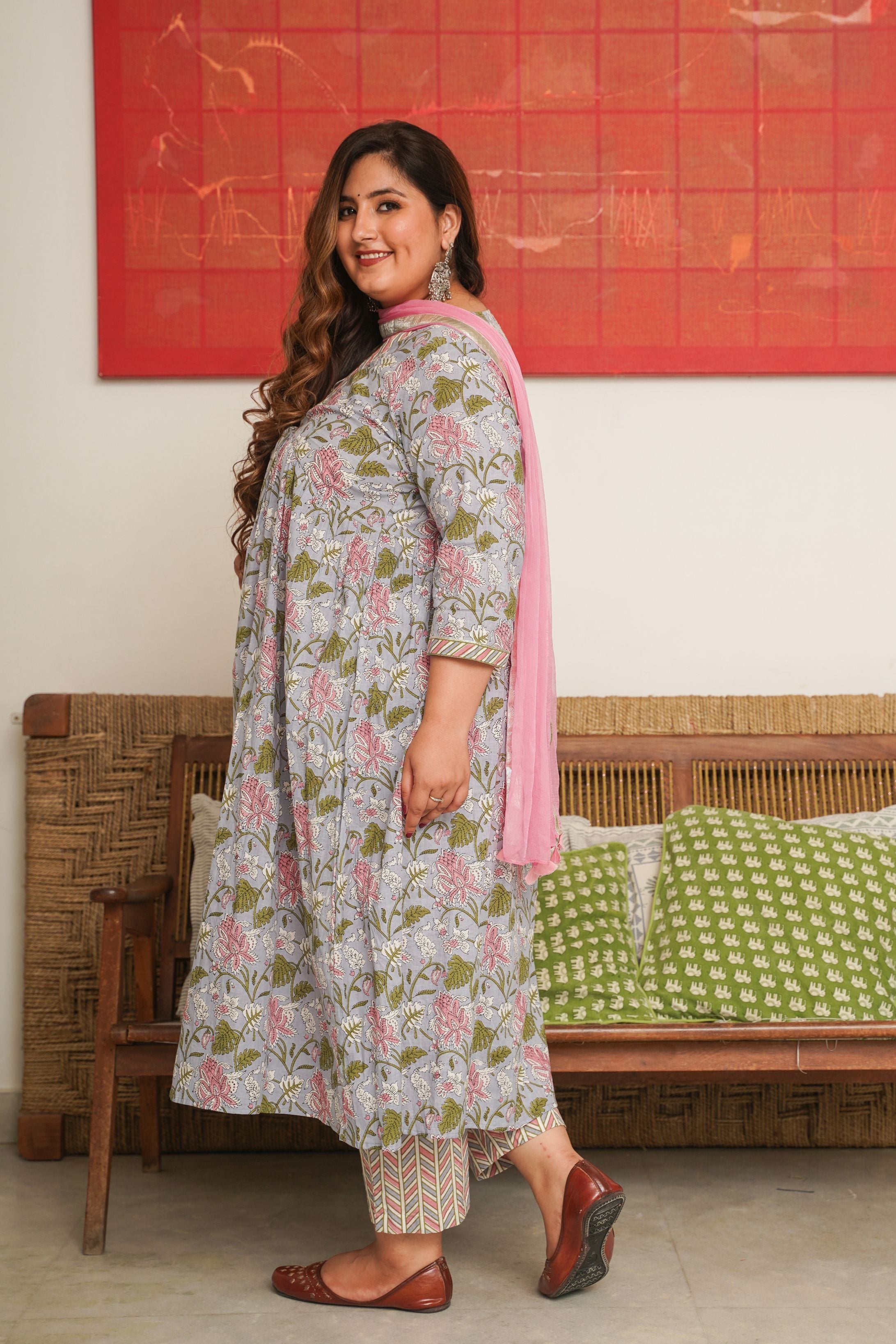 Women's Tropical Print Alia Kurta Suit Set - ( Set Of 3 ) - Nangalia Ruchira