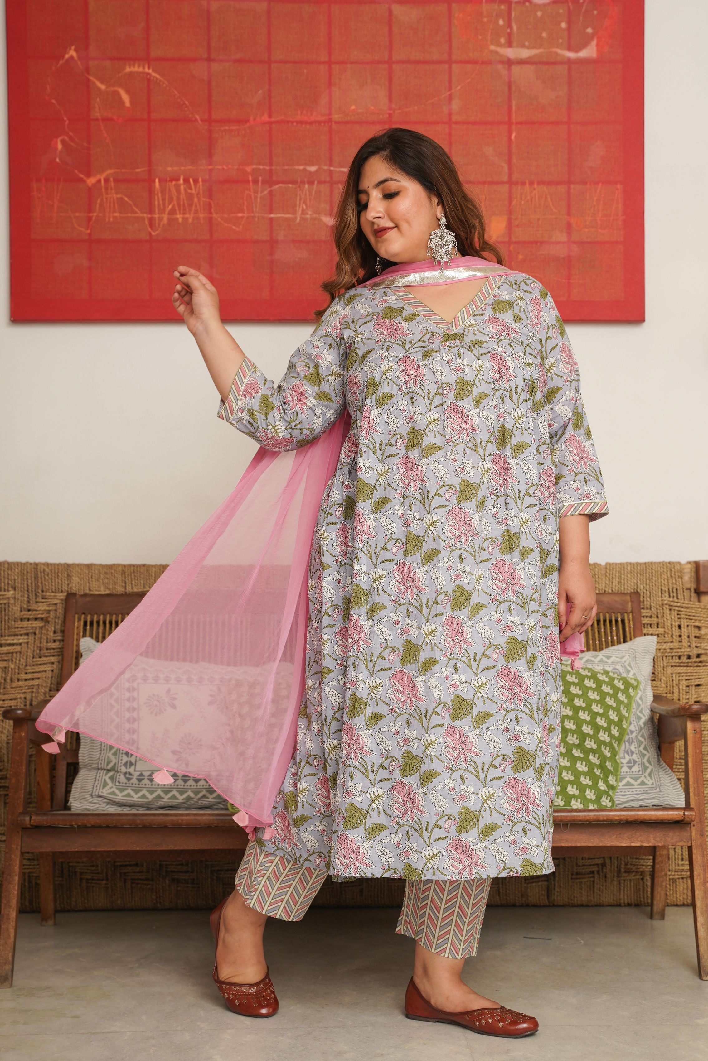 Women's Tropical Print Alia Kurta Suit Set - ( Set Of 3 ) - Nangalia Ruchira
