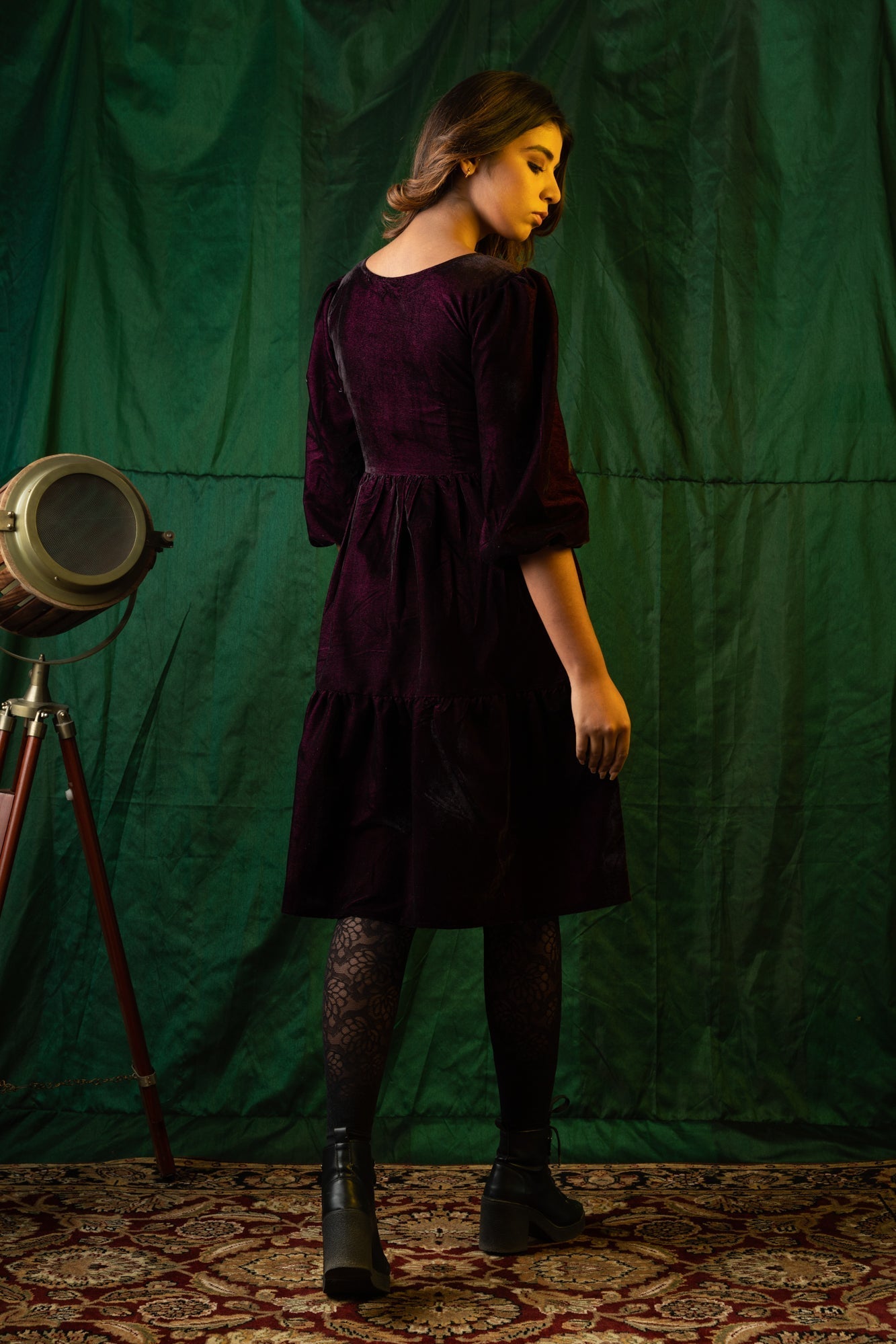 Women's Wine Velvet Tiered Dress - Nangalia Ruchira