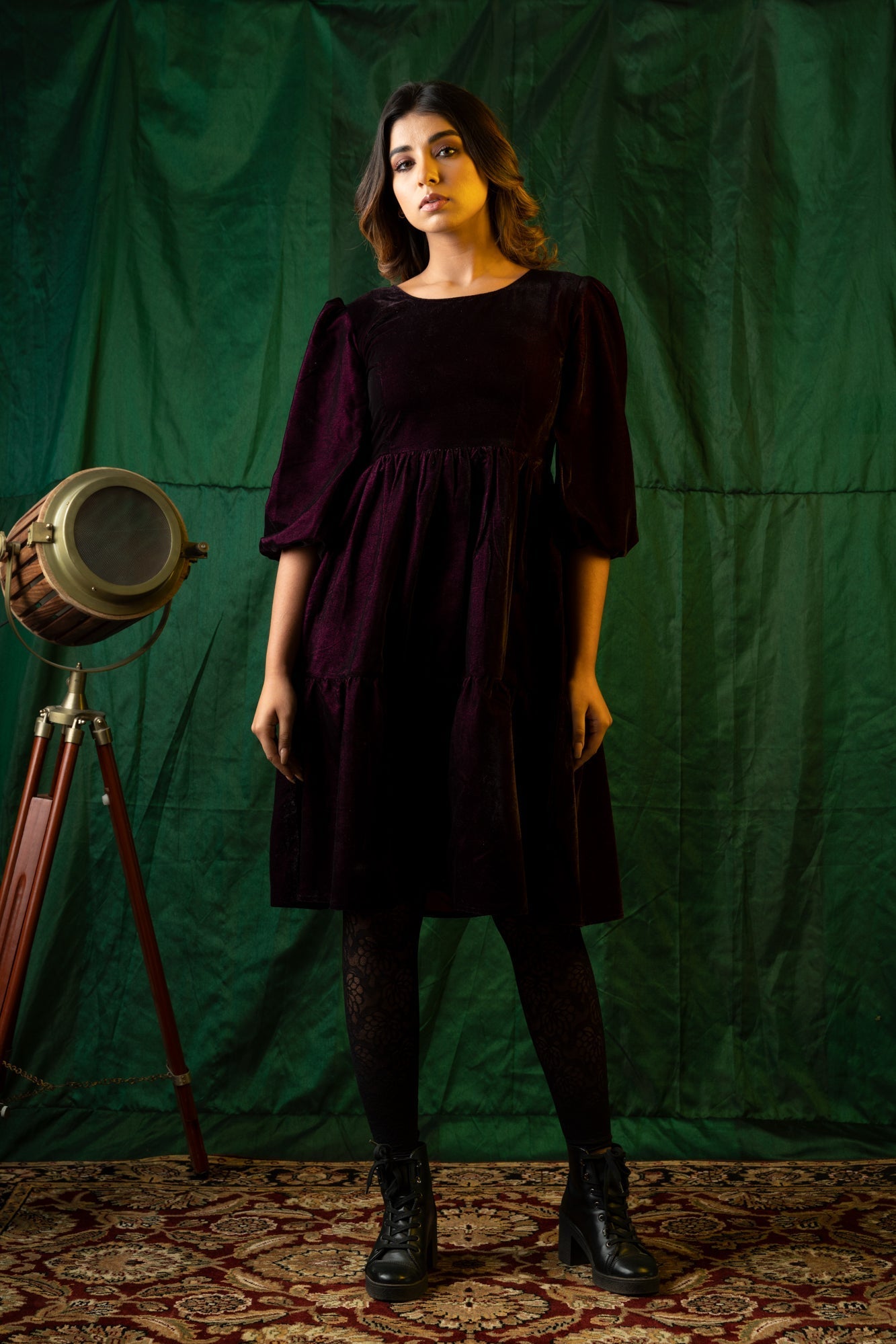 Women's Wine Velvet Tiered Dress - Nangalia Ruchira
