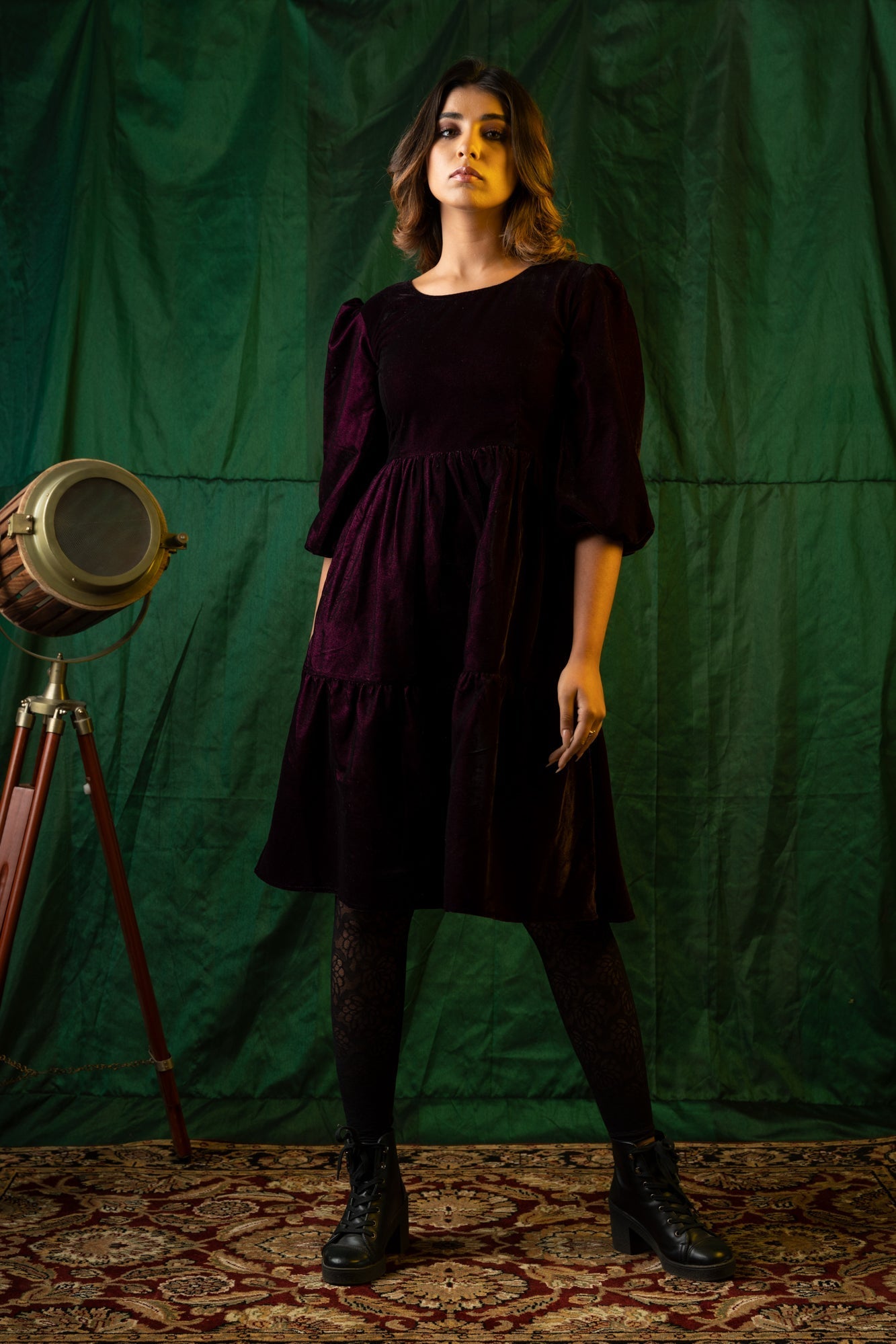 Women's Wine Velvet Tiered Dress - Nangalia Ruchira