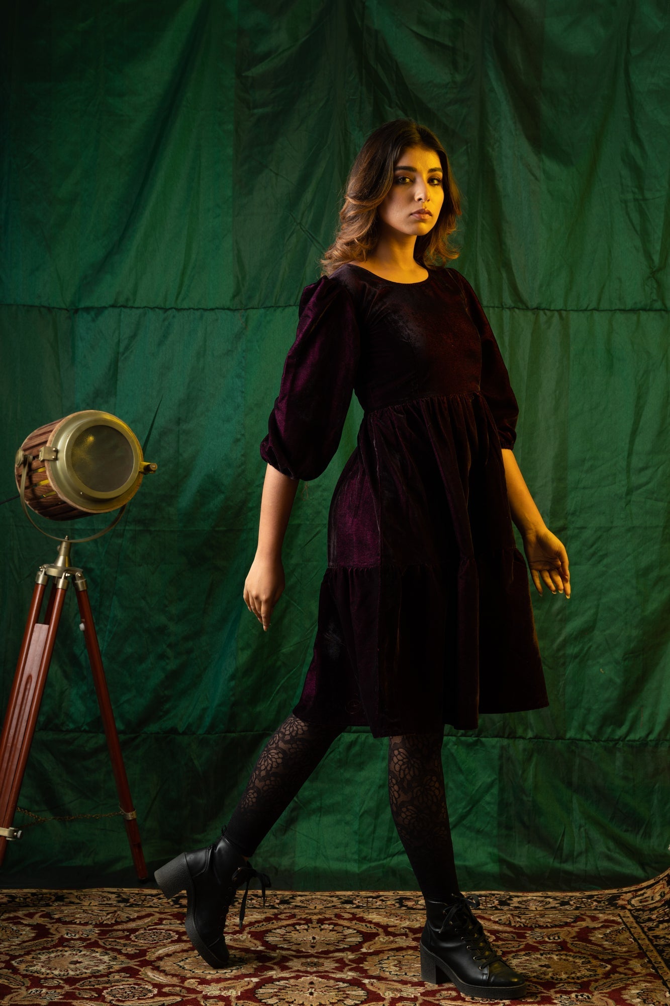 Women's Wine Velvet Tiered Dress - Nangalia Ruchira