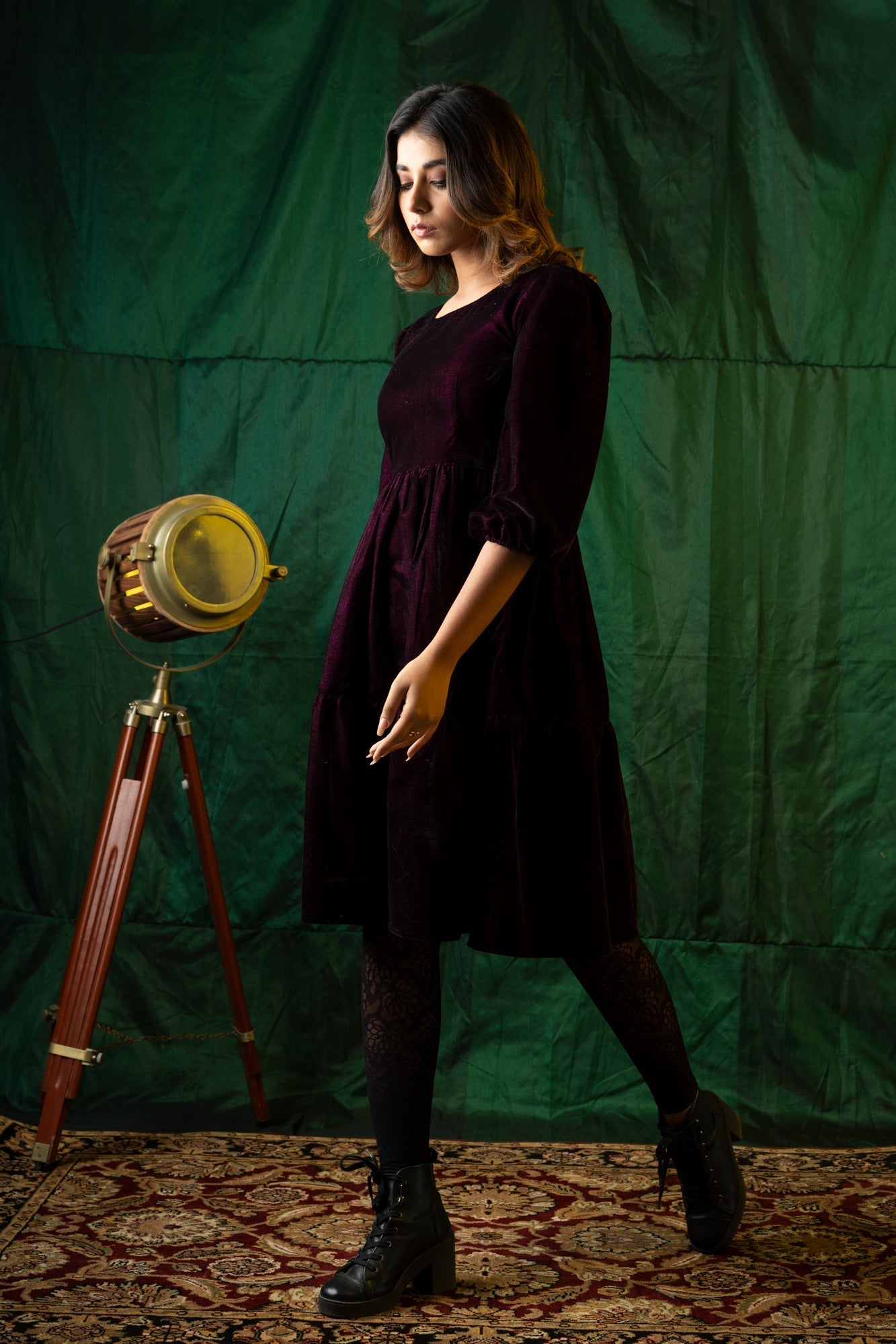 Women's Wine Velvet Tiered Dress - Nangalia Ruchira