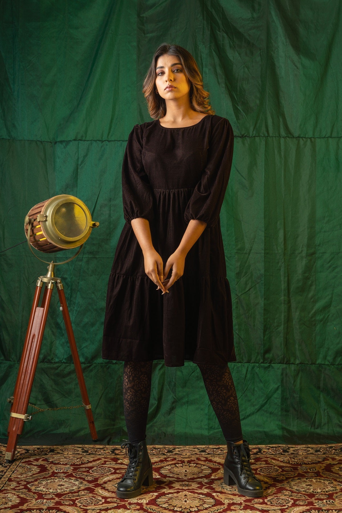 Women's Brown Velvet Tiered Dress - Nangalia Ruchira