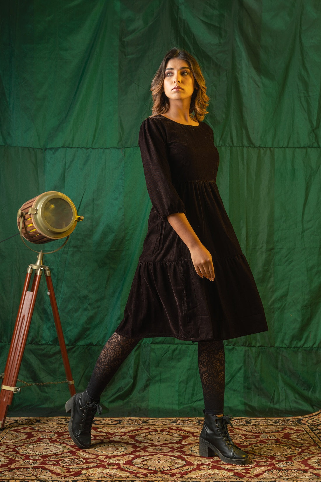 Women's Brown Velvet Tiered Dress - Nangalia Ruchira