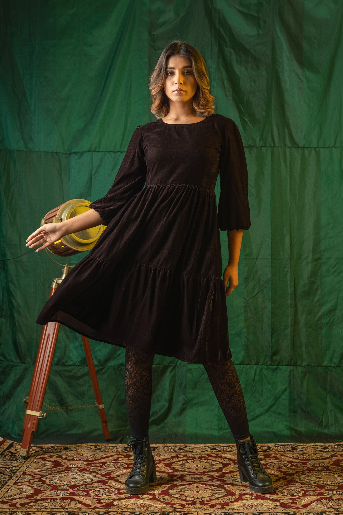 Women's Brown Velvet Tiered Dress - Nangalia Ruchira