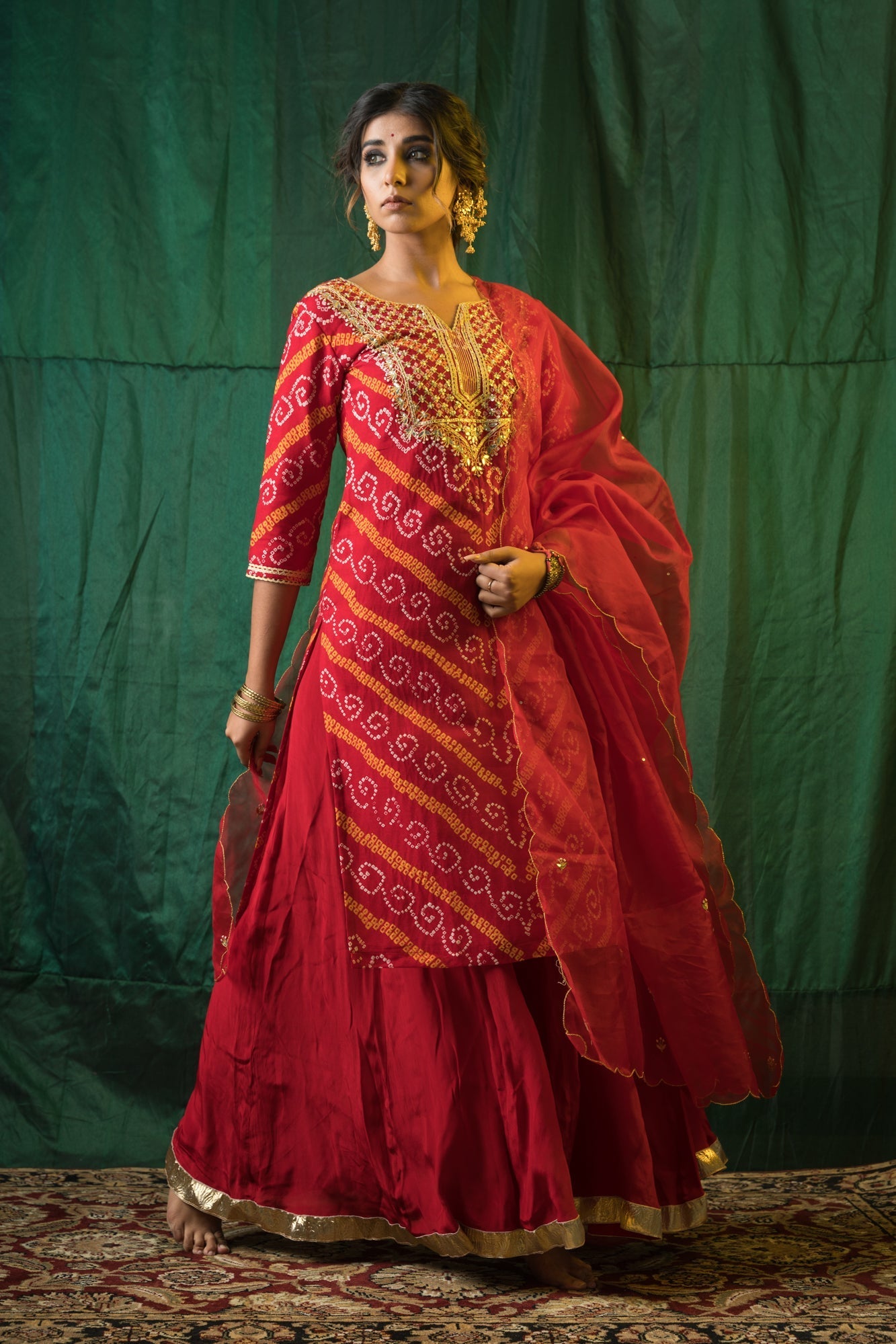 Women's Red Bandhani Kurta Sharara Set - ( Set Of 3) - Nangalia Ruchira