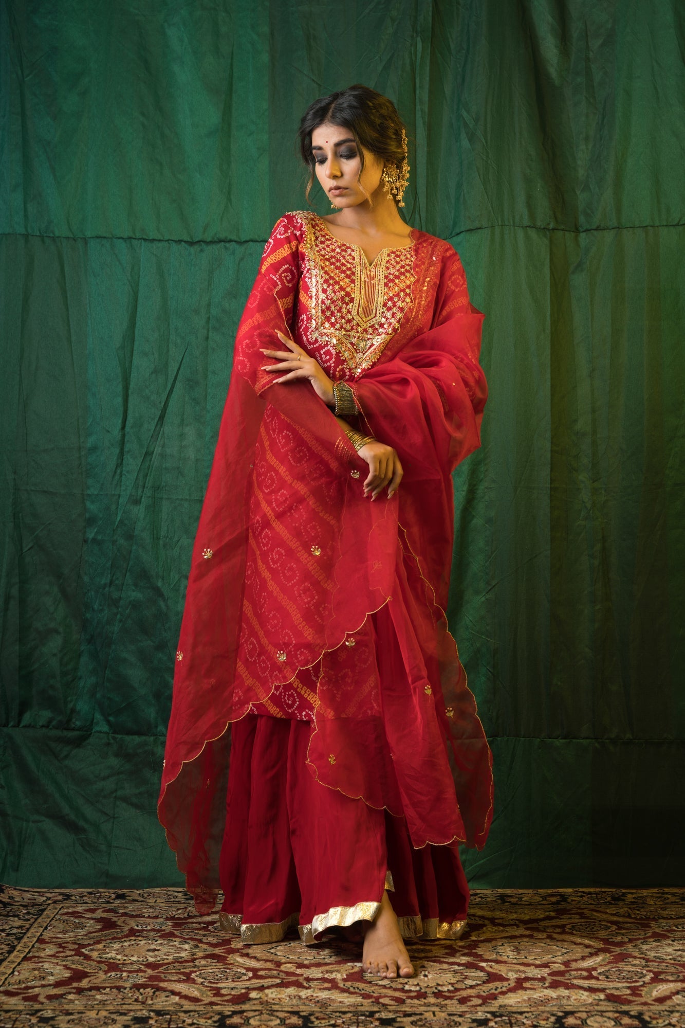 Women's Red Bandhani Kurta Sharara Set - ( Set Of 3) - Nangalia Ruchira