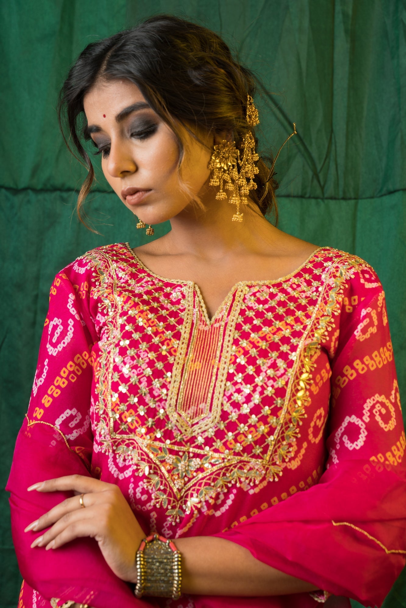 Women's Pink Bandhani Gota Patti Yoke Kurta Palazzo Set - (Set Of 3) - Nangalia Ruchira