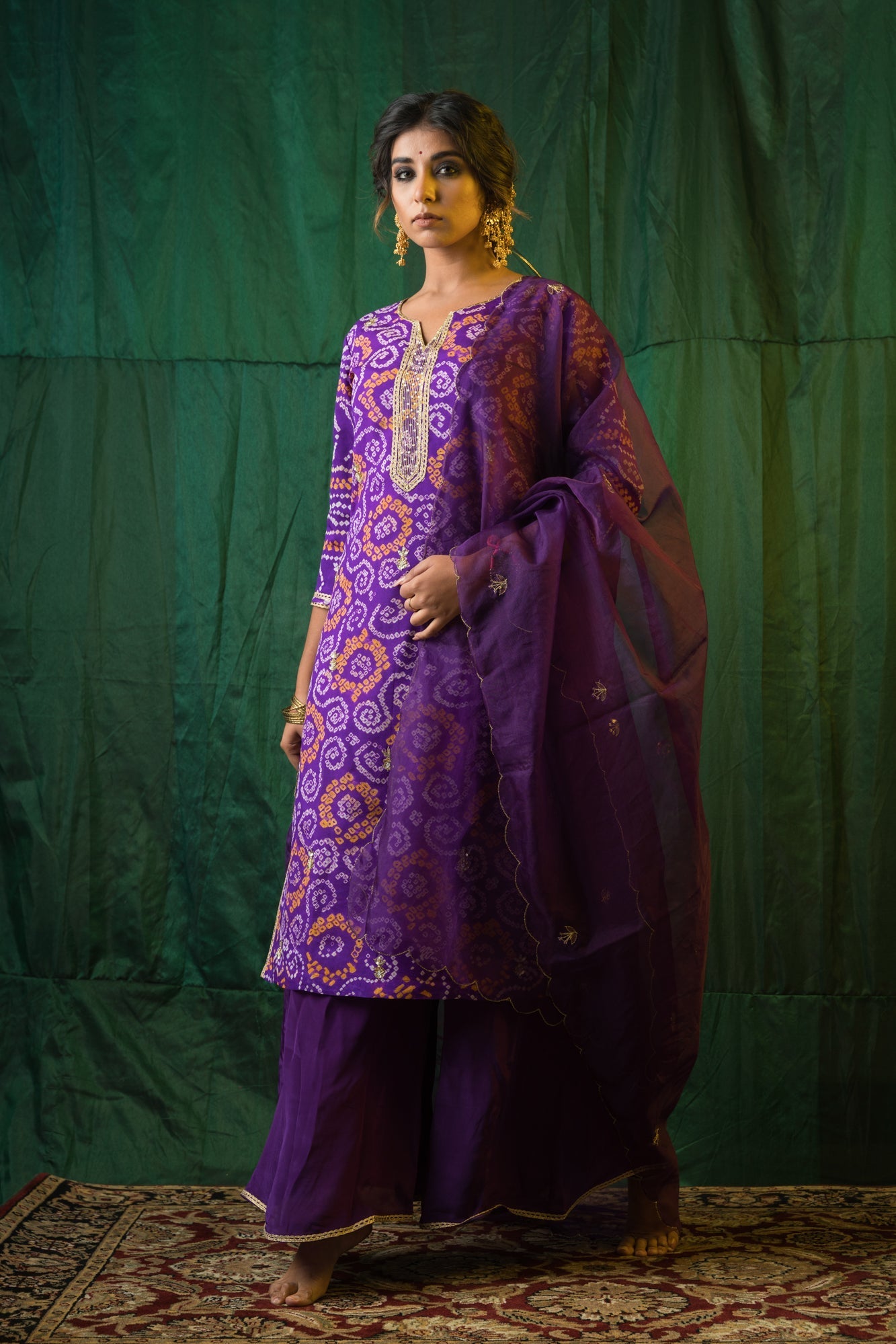 Women's Purple Bandhani Kurta Sharara Set - ( Set Of 3) - Nangalia Ruchira