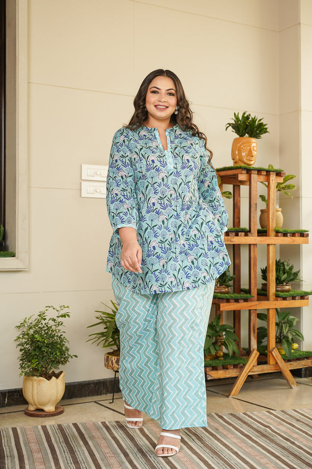Women's Sky Blue Cotton Short Kurta & Palazzo Set - Nangalia Ruchira