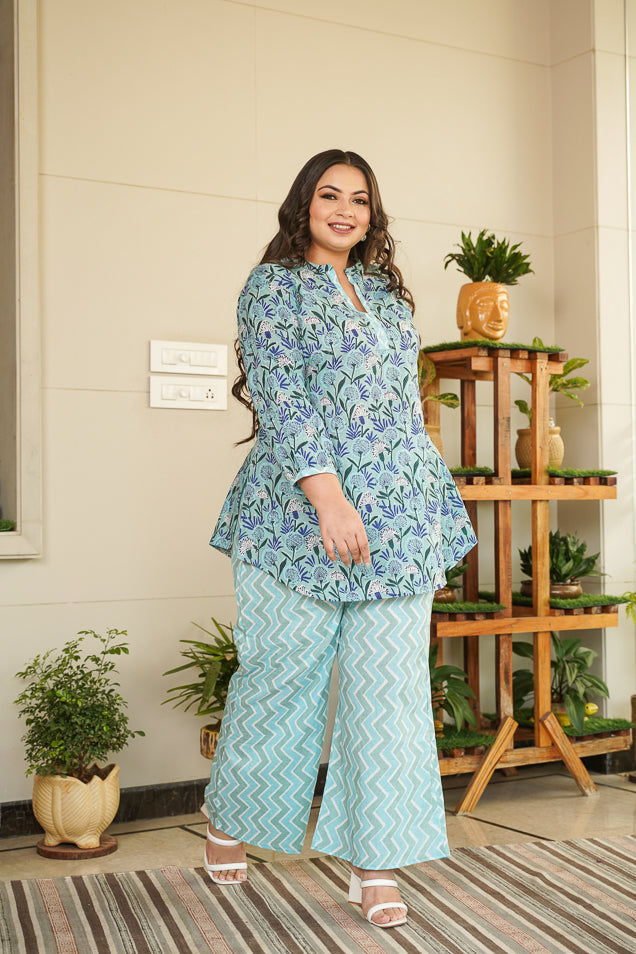 Women's Sky Blue Cotton Short Kurta & Palazzo Set - Nangalia Ruchira