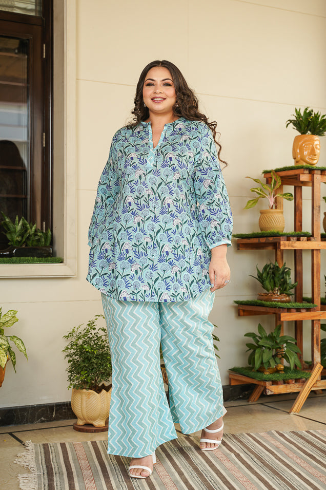 Women's Sky Blue Cotton Short Kurta & Palazzo Set - Nangalia Ruchira