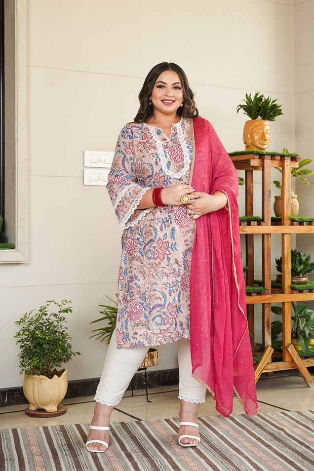 Women's Blush Lace Kurta Set - (Set Of 3) - Nangalia Ruchira