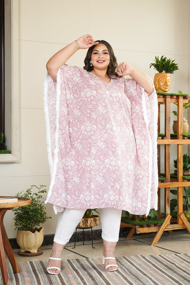 Women's Pink Floral Kaftan Printed V-Neck Co-Ord Set - (Set Of 2) - Nangalia Ruchira