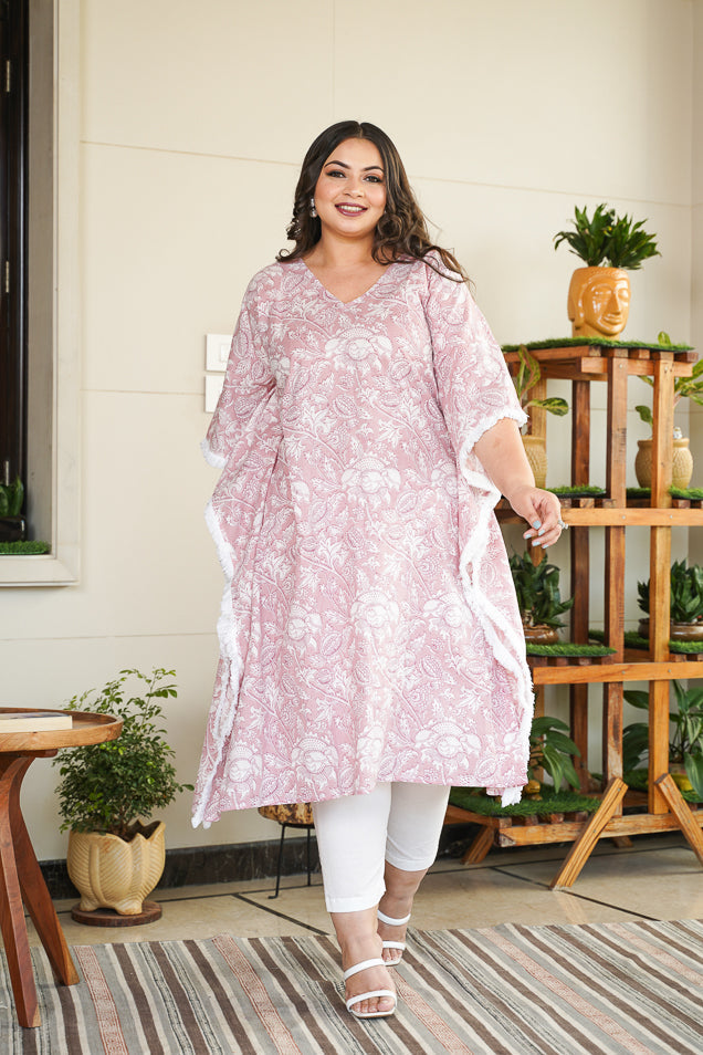 Women's Pink Floral Kaftan Printed V-Neck Co-Ord Set - (Set Of 2) - Nangalia Ruchira