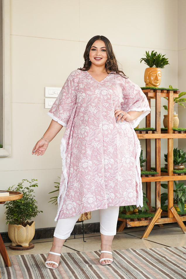 Women's Pink Floral Kaftan Printed V-Neck Co-Ord Set - (Set Of 2) - Nangalia Ruchira