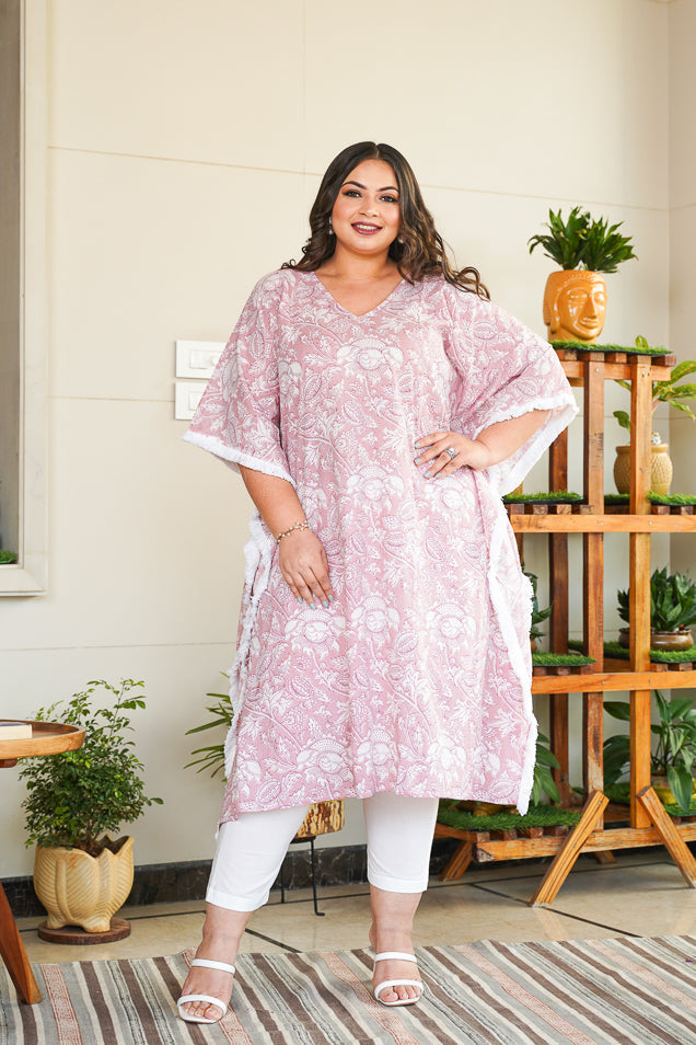 Women's Pink Floral Kaftan Printed V-Neck Co-Ord Set - (Set Of 2) - Nangalia Ruchira