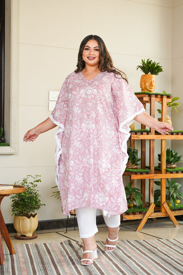 Women's Pink Floral Kaftan Printed V-Neck Co-Ord Set - (Set Of 2) - Nangalia Ruchira