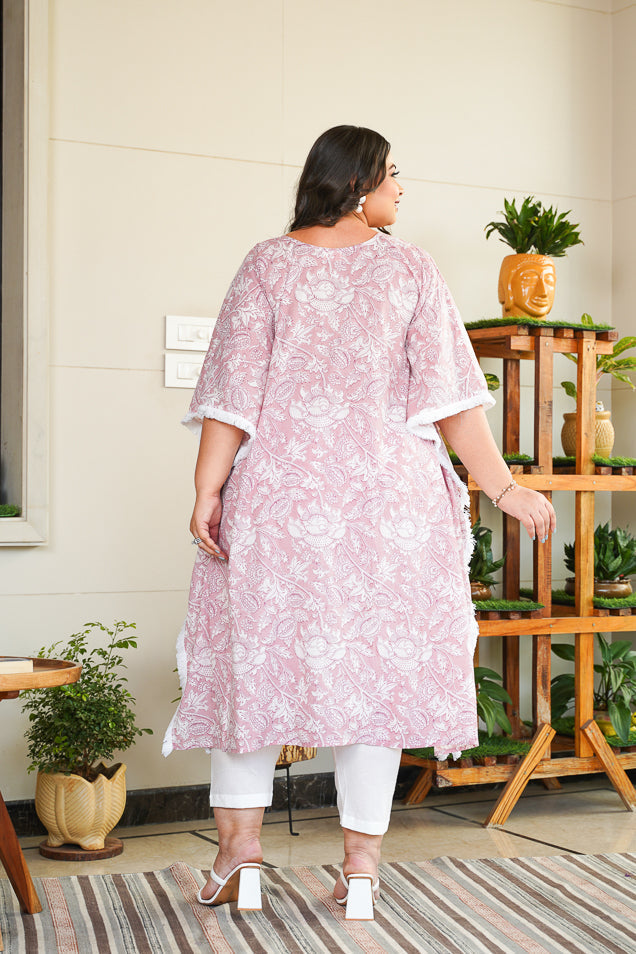 Women's Pink Floral Kaftan Printed V-Neck Co-Ord Set - (Set Of 2) - Nangalia Ruchira