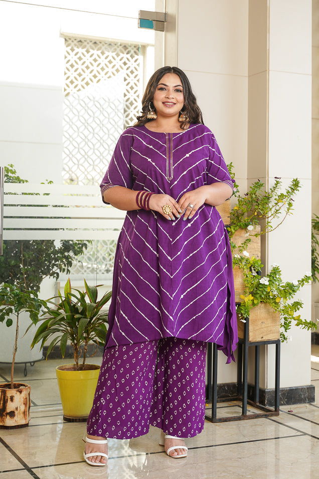 Women's Jamuni Purple Leheriya Bhandhani Kurta Set - (Set Of 2) - Nangalia Ruchira