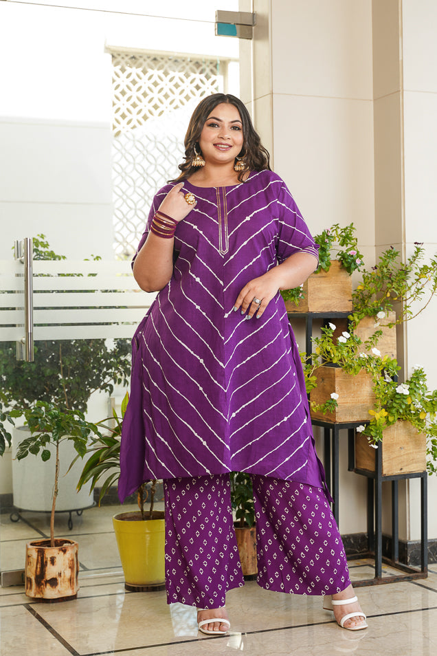 Women's Jamuni Purple Leheriya Bhandhani Kurta Set - (Set Of 2) - Nangalia Ruchira