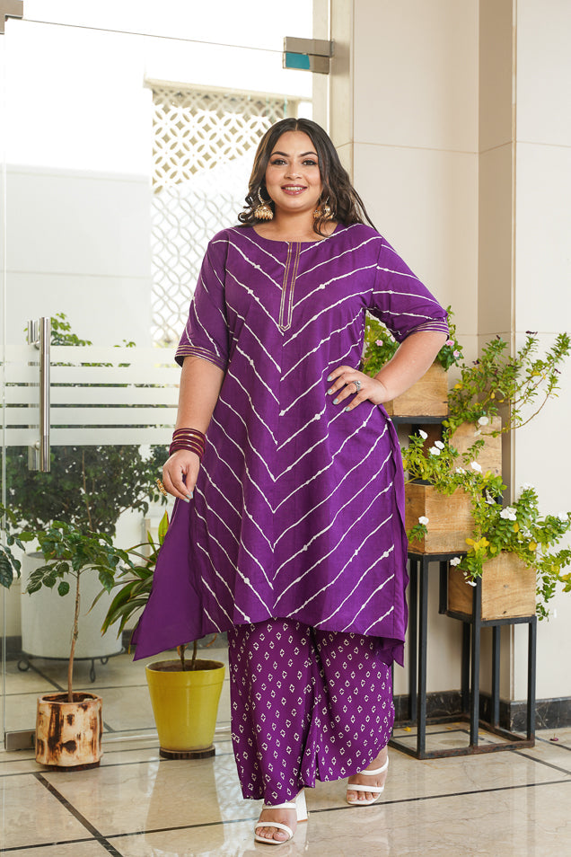 Women's Jamuni Purple Leheriya Bhandhani Kurta Set - (Set Of 2) - Nangalia Ruchira