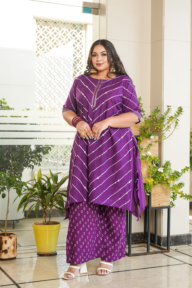 Women's Jamuni Purple Leheriya Bhandhani Kurta Set - (Set Of 2) - Nangalia Ruchira