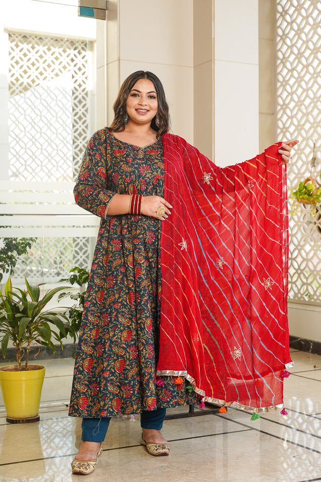 Women's Blue Cotton Floral Print Anarkali Suit Set - ( Set Of 3) - Nangalia Ruchira