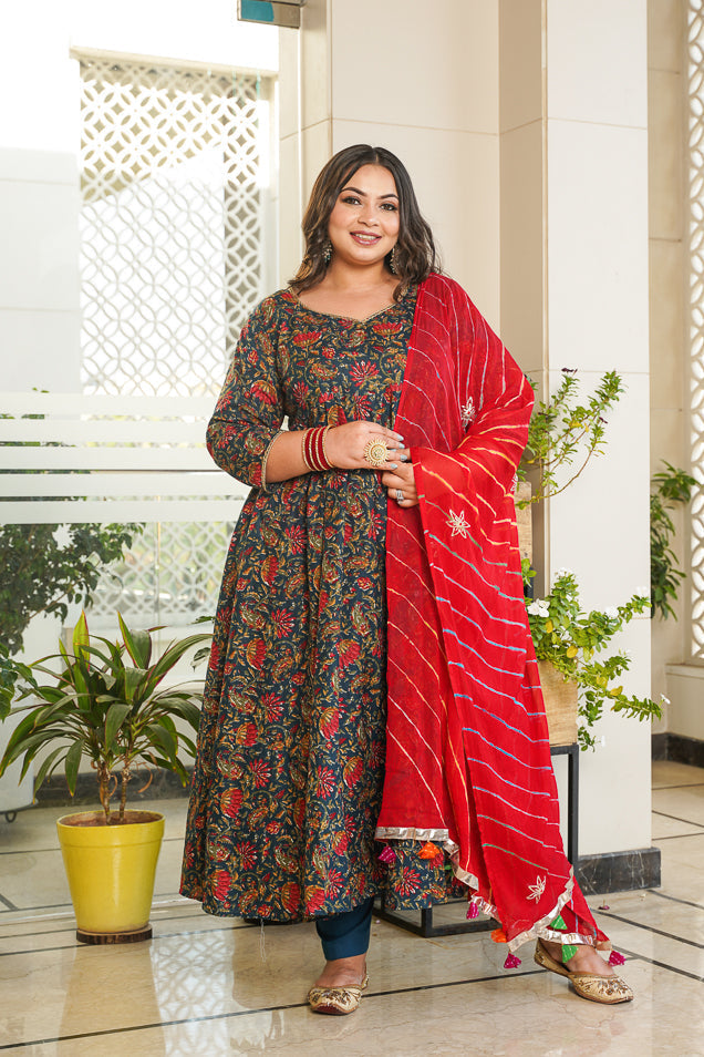 Women's Blue Cotton Floral Print Anarkali Suit Set - ( Set Of 3) - Nangalia Ruchira