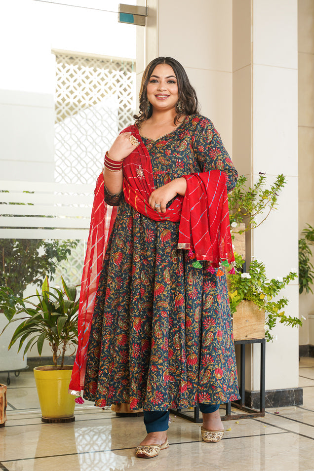 Women's Blue Cotton Floral Print Anarkali Suit Set - ( Set Of 3) - Nangalia Ruchira