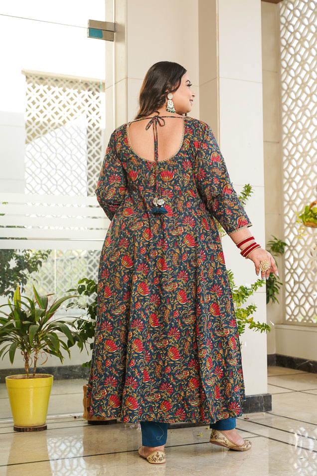 Women's Blue Cotton Floral Print Anarkali Suit Set - ( Set Of 3) - Nangalia Ruchira