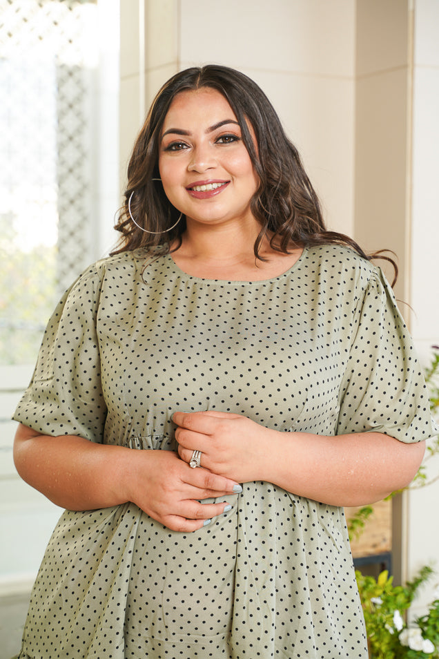 Women's Moss Green Polka Tiered Dress - Nangalia Ruchira