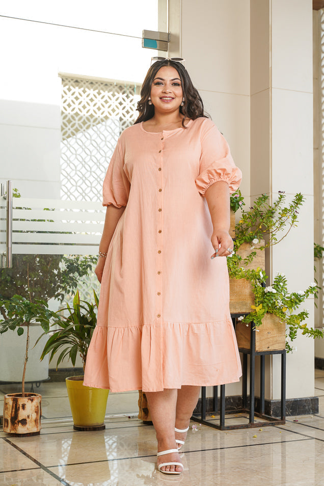 Women's Peach Tiered Midi Linen Shirt Dress - Nangalia Ruchira