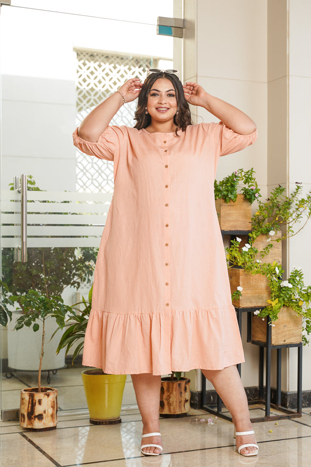Women's Peach Tiered Midi Linen Shirt Dress - Nangalia Ruchira