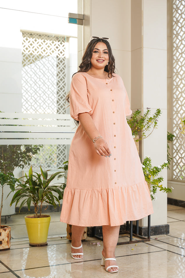 Women's Peach Tiered Midi Linen Shirt Dress - Nangalia Ruchira