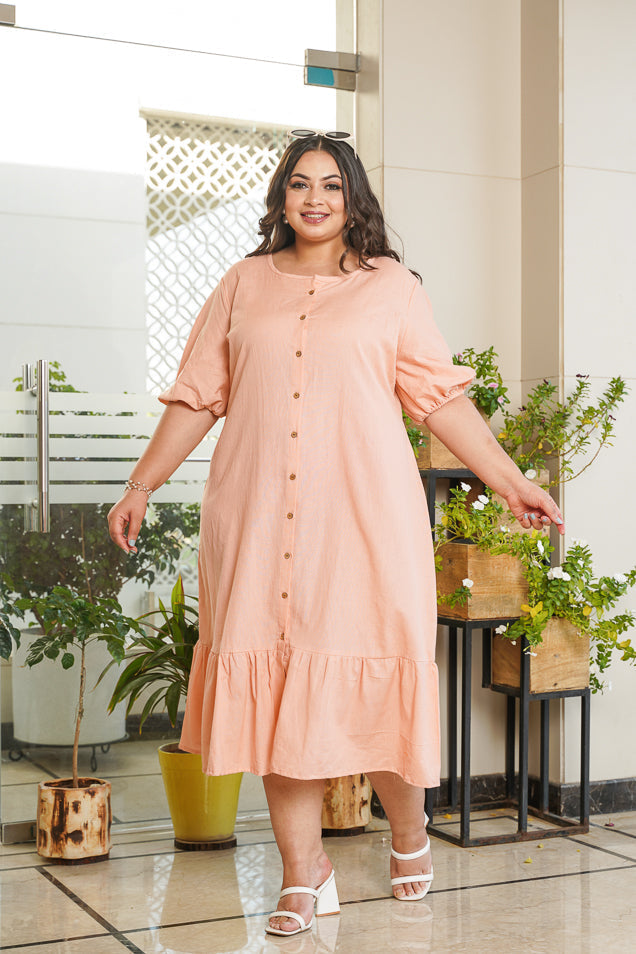 Women's Peach Tiered Midi Linen Shirt Dress - Nangalia Ruchira