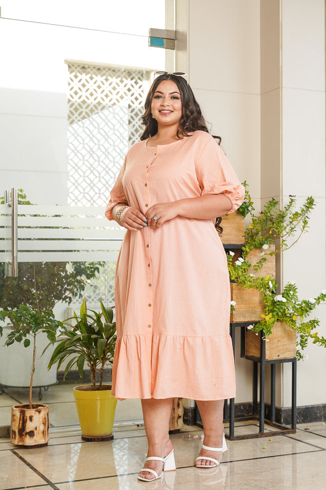 Women's Peach Tiered Midi Linen Shirt Dress - Nangalia Ruchira