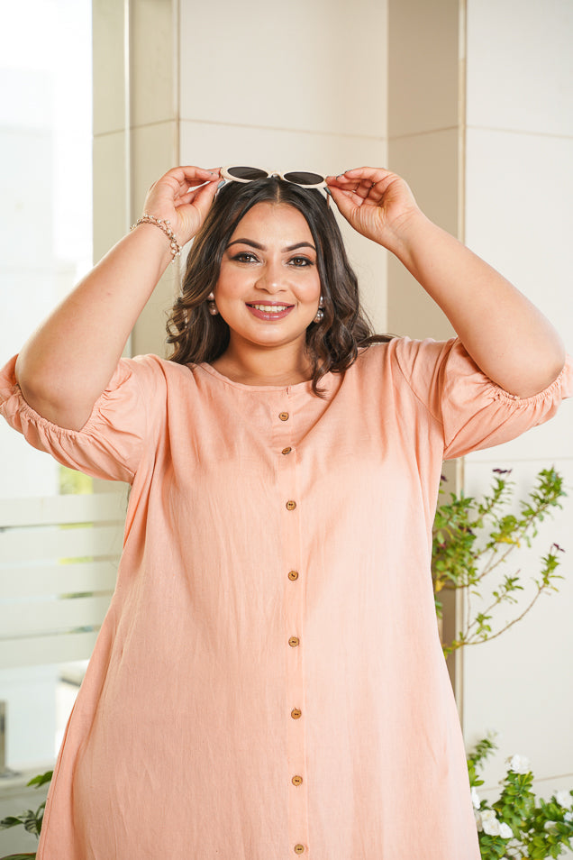 Women's Peach Tiered Midi Linen Shirt Dress - Nangalia Ruchira