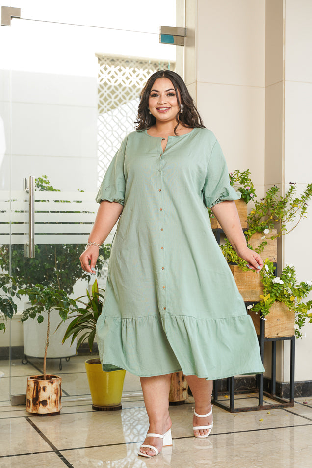 Women's Dusty Green Tiered Linen Shirt Dress - Nangalia Ruchira