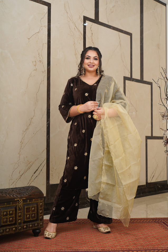 Women's Brown Embroidered Velvet Kurta Set - (Set Of 3) - Nangalia Ruchira