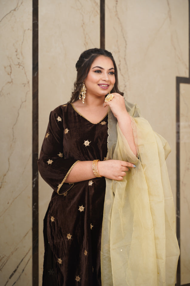 Women's Brown Embroidered Velvet Kurta Set - (Set Of 3) - Nangalia Ruchira