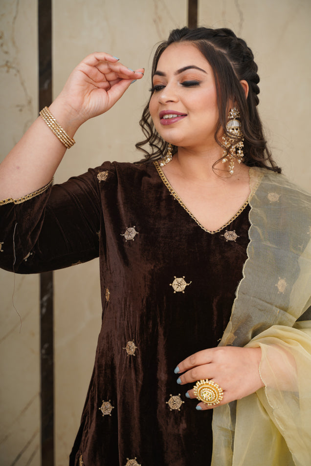 Women's Brown Embroidered Velvet Kurta Set - (Set Of 3) - Nangalia Ruchira
