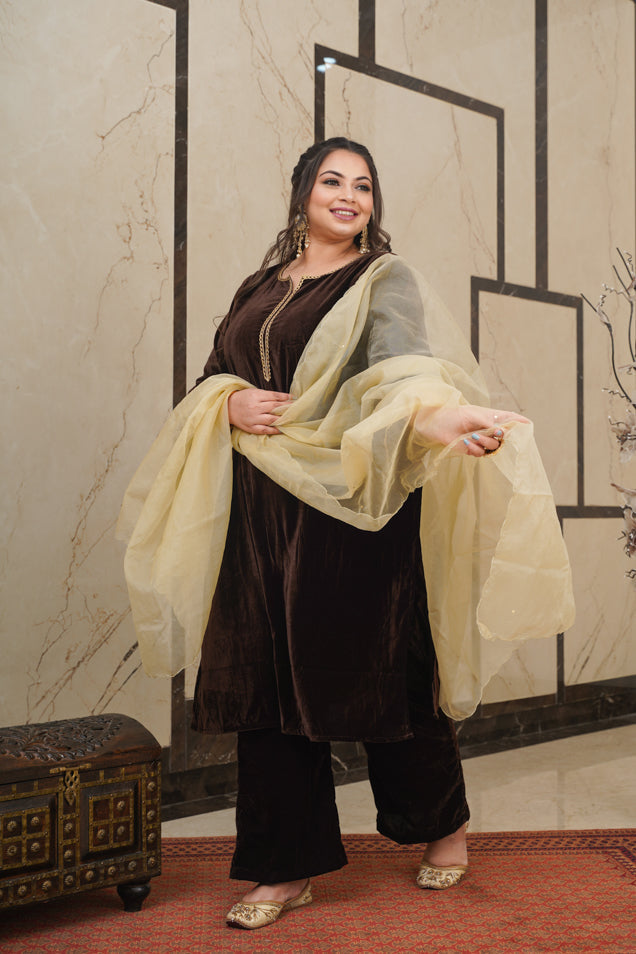 Women's Brown Velvet Kurta Set - (Set Of 3) - Nangalia Ruchira