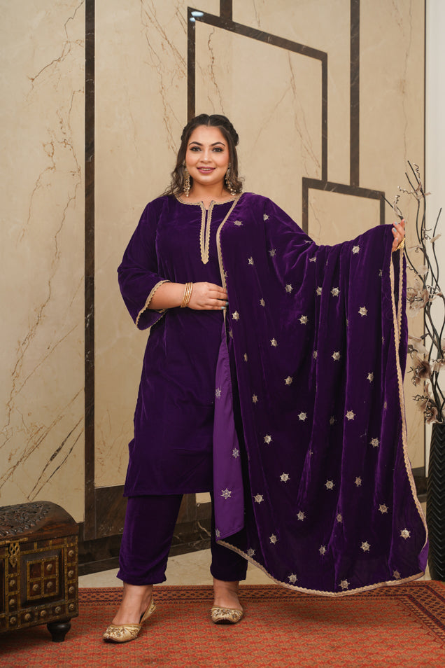 Women's Purple Velvet Embroidered Shawl - Nangalia Ruchira