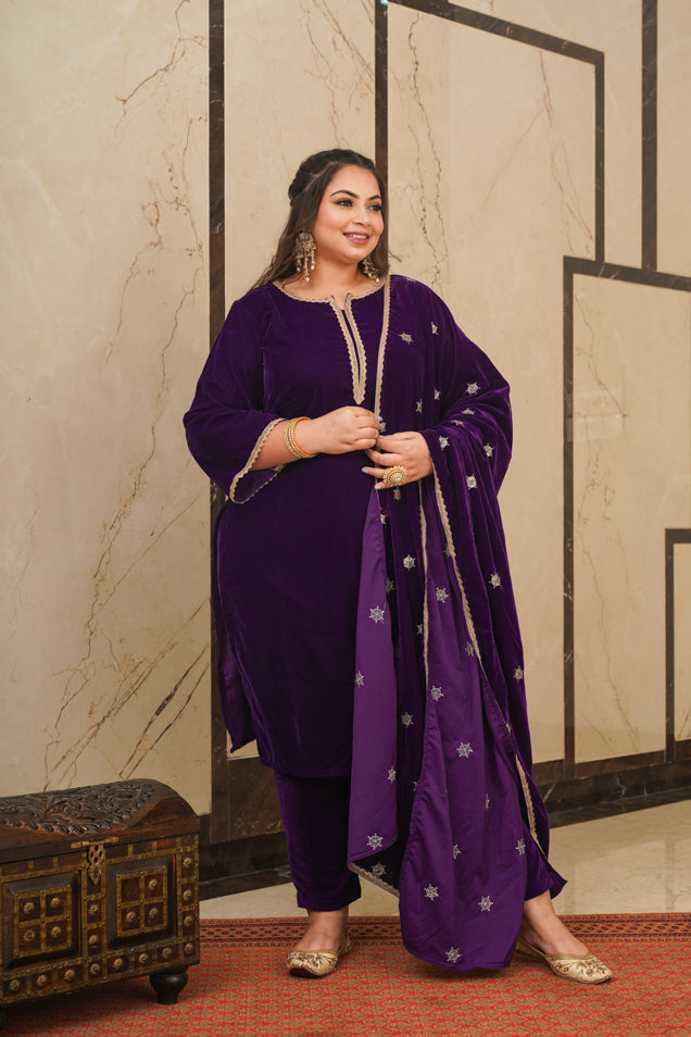 Women's Purple Velvet Embroidered Shawl - Nangalia Ruchira