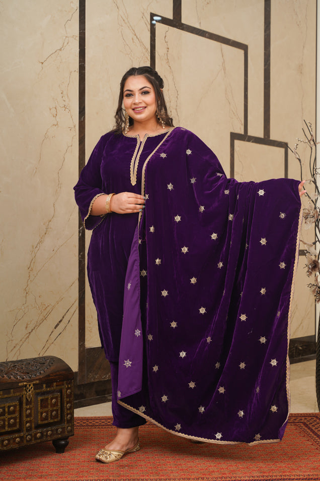 Women's Purple Velvet Embroidered Shawl - Nangalia Ruchira