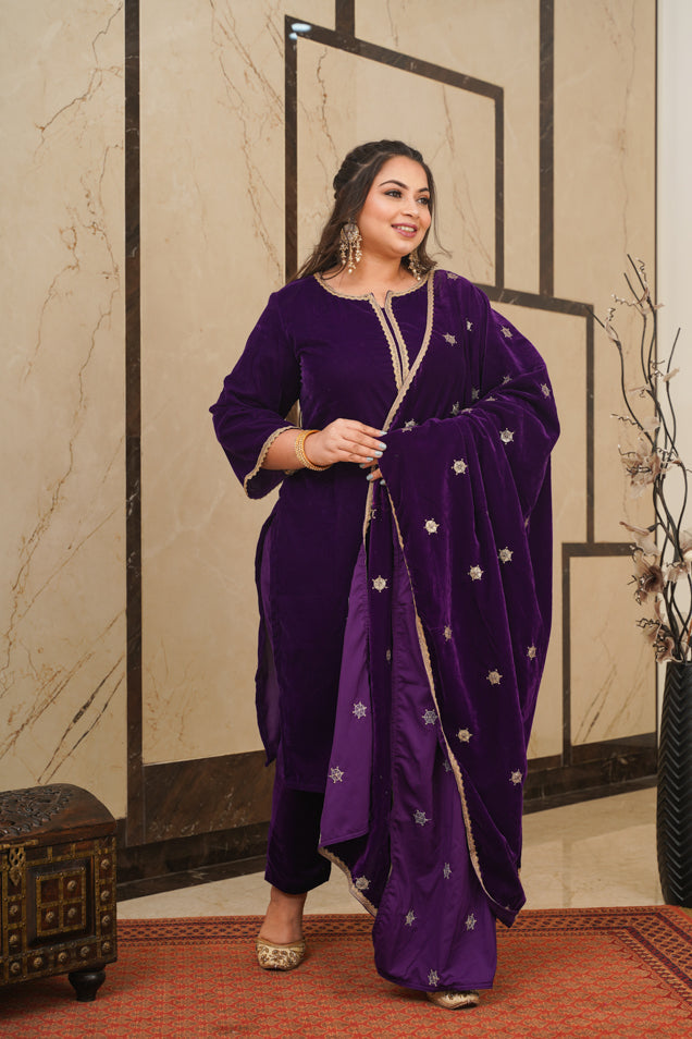 Women's Purple Velvet Embroidered Shawl - Nangalia Ruchira