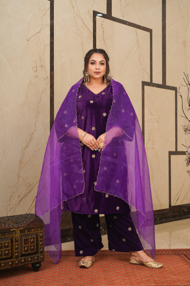 Women's Purple Embroidered Velvet Kurta Set - (Set Of 3) - Nangalia Ruchira